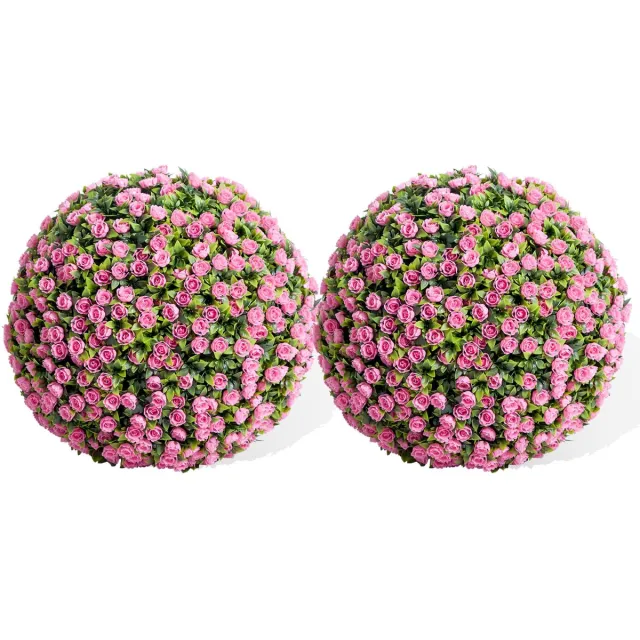 Triumpunpre Set van 2 Kunstmatige Roze Rozenbal – Hangende Topiary Bloem Bal 40 cm – Roze Rozen met Groene Bladeren – PE – Onderhoudsvrij – Binnen & Buiten