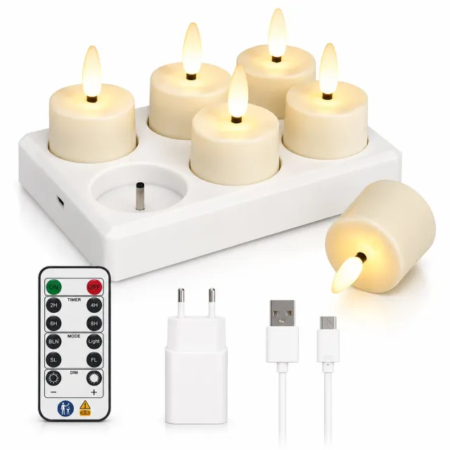 Huttutu LED Kaarsen - Oplaadbare Waxinelichtjes - Metafstandsbediening - Led Kaarsen Oplaadbaar -Kerstverlichting - Set van 6 Oplaadbare Kaarsen met Laadstation - Afstandsbediening Timer en Dimbare Standen - Geschikt voor Verjaardag Feest en Woondecoratie Geen lampenkap