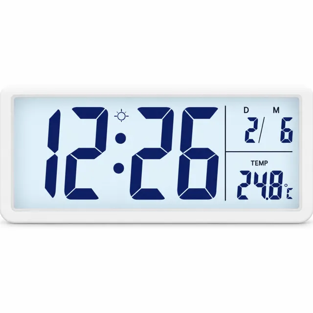 SWGOTA Digitale wandklok - groot LCD-scherm met tijd, datum en temperatuur - wit, rechthoekig, op batterijen
