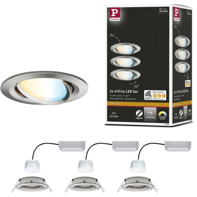 Paulmann LED-inbouwlamp Smart Home Zigbee 3.0 Nova Plus Coin Basisset zwenkbaar rond 84mm 50° Coin 3x6W 3x470lm 230V dimbaar Tunable White Staal geborsteld