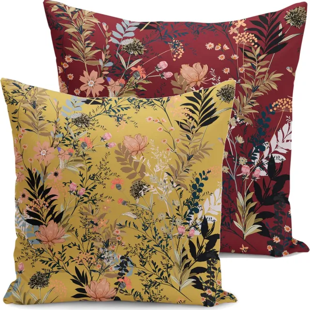 De Groen Home FLORA - Velvet Kussenhoes set van 2 - 50x50 cm - Bloemen op Bordeaux & Geel - Aan beide zijdig bedrukt