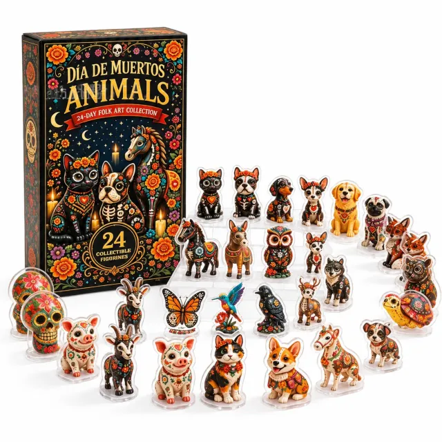 SWGOTA Aftelkalender met dieren in Dag van de Doden-thema, 24 platte decoratiefiguren met voetjes, in bedrukte doos Zwart