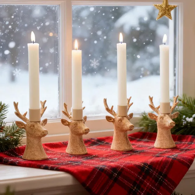 Unyqoos Set van 4 rustieke kandelaars met hertenkop voor kerstdecoratie