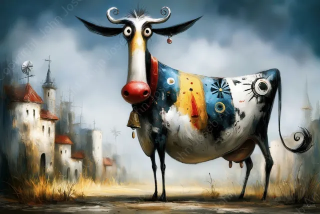 John Joseb Art (Canvas) 120x80 | Gekke stier, grappig, humor, koe, Salvador Dali stijl, kleurrijk, abstract, kunst, dier, landschap, huizen, windmolens, rood, bruin, blauw, modern | Foto-Schilderij canvas print (wanddecoratie) Canvas, dikte 2 cm