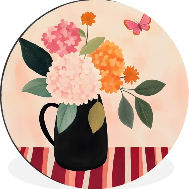 WallCircle Wandcirkel - Muurcirkel - Vaas - Bloemen - Vlinder - Rood - Aluminium - Dibond - 90x90 cm - Binnen en Buiten