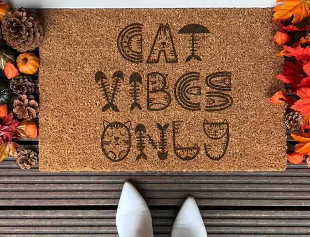Laser Point Cat Vibes Only | 60x40 cm | Nieuwe huis cadeau | Ingangsmat | Deurmat met stijl | Verhuizing cadeau | Praktisch & trendy | Perfect voor binnenkomst | Cadeau voor nieuwe woning Bruin | Zwart (Gravering 60x40)