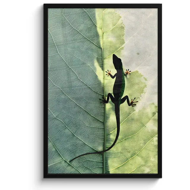 FrameYourWall Poster in lijst - Fotolijst 60x90 cm - Posters - Hagedis - Blad - Nerven - Groen - Posterlijst zwart - Decoratie - Wanddecoratie woonkamer - Muurdecoratie slaapkamer