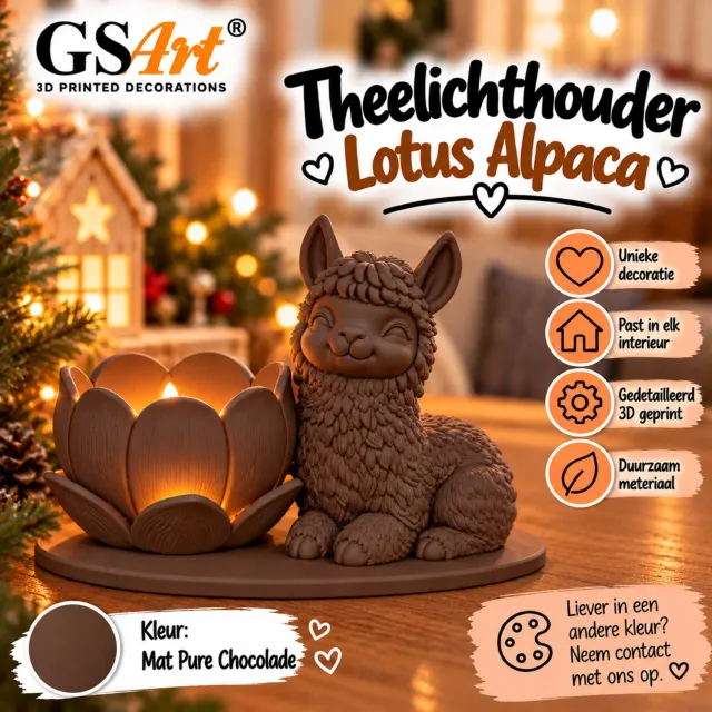 GSArt Theelichthouder Lotus Alpaca – Inclusief LED Theelichtje – 3D Geprint - Mat Pure Chocolade