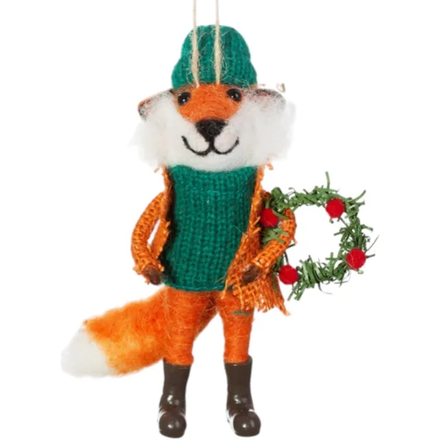 Sass & Belle Vos met krans vilten kersthanger - Sass & Belle oranje