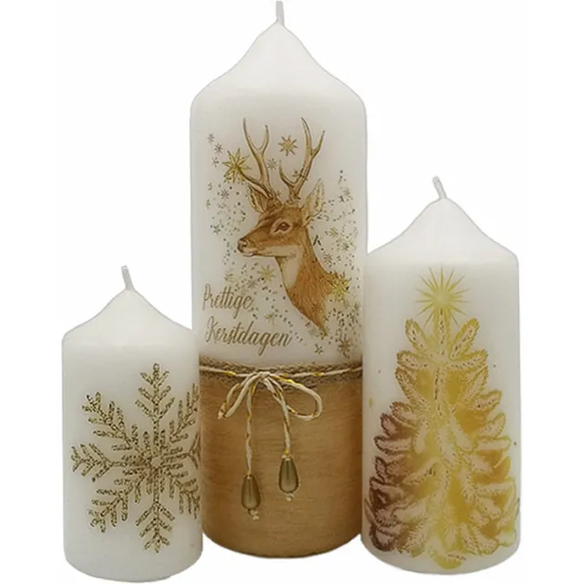 Van Licht Kerstkaarsen Kerst Cadeauset Gouden Kaarsen Set 3 stuks Wit/goud