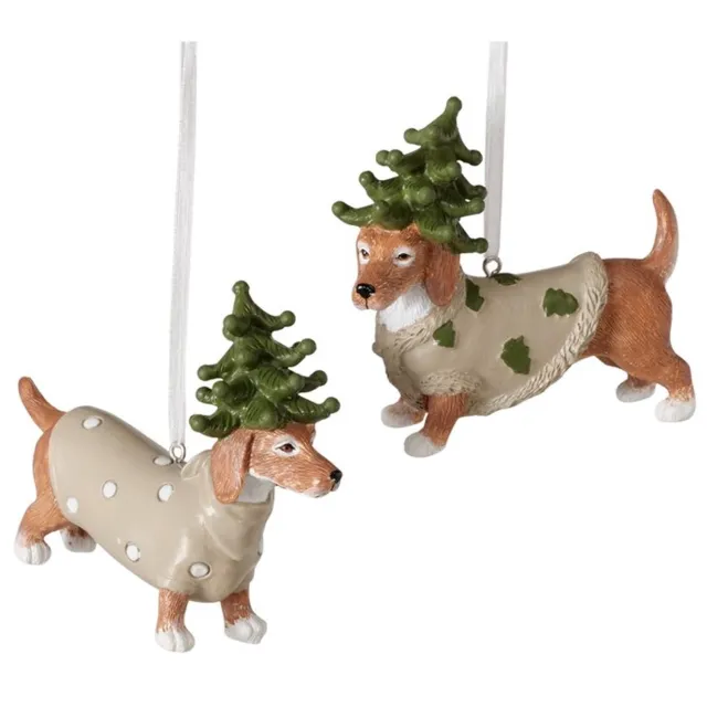 Boltze Kersthangers - Hond - Set van 2 - Beige/Groen - 8,5 x 10,5 cm - Kerstboom Hangers