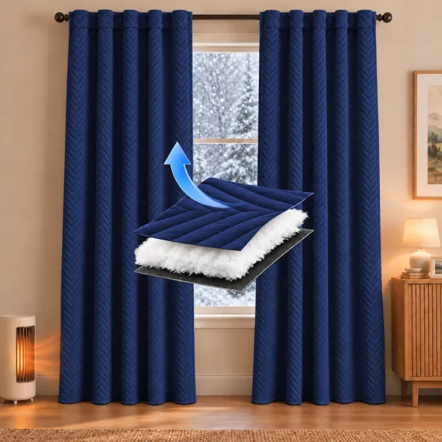 Qelus Thermisch Gewatteerd Gordijn - Isolerend Polyester Gordijnpaneel - Donkerblauw - 140 x 260 cm - 1 Stuk - Met Multifunctionele Plooiband en Koord - Voor Woonkamer en Slaapkamer - Raamdecoratie Binnen