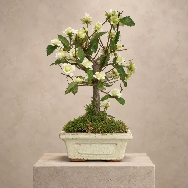 Seta Fiori Schattig kunst bonsai boompje in originele schaal - witte roosjes - 20cm