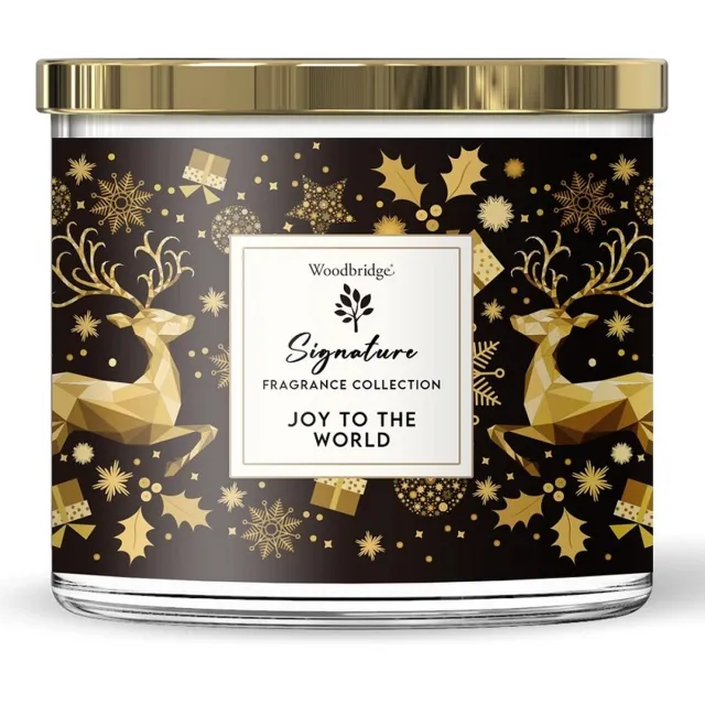 Woodbridge Luxe Geurkaars Kerst Met 3 lonten JOY TO THE WORLD - ananas anjer gele bloemen kaneel Goud Zwart
