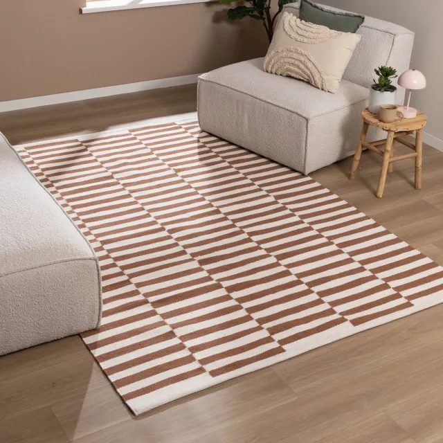 Fraai Katoenen vloerkleed - Dazzle Blocks Bruin/Wit - 140x200cm