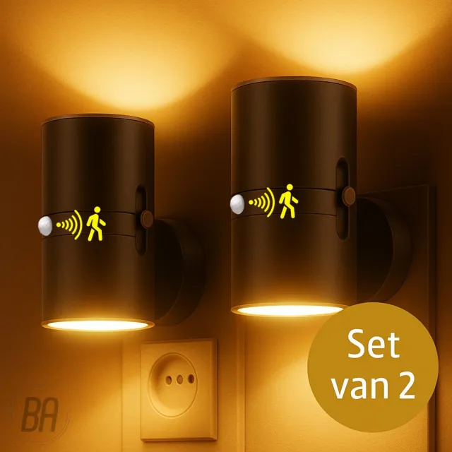 Best Active Nachtlampje Stopcontact met Bewegingssensor - 2 stuks - Dag- en Nachtsensor - Stekkerlampen - 10,7 x 9,3 cm - Volwassenen - Boven en Onder Verlichting - Dimbaar - Stekkerspot - Nachtlamp - Zwart