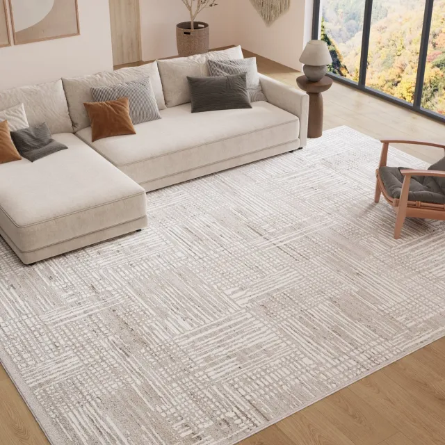 Tapiso Trend Tapijt Kortpolig - Modern Tapijt Hoge Kwaliteit - Elegant Woonkamer Tapijt in Beige Crème met Bruin - Strepen Blurred - Easy-Care Tapijt - OEKO-TEX