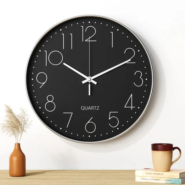 Uootach Wandklok, 30 cm (12 inch), Moderne Wandklok, Stil Quartz-uurwerk, Minimalistisch Design, Modern, Zwart, Voor Woonkamer, Keuken, Kantoor, Slaapkamer (Zilveren Karakter)