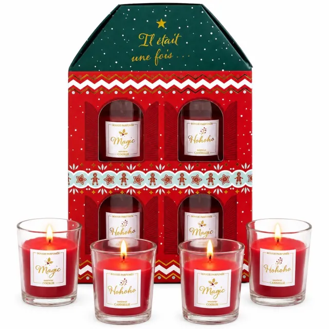 HOME DECO FACTORY Kerst Geurkaarsen Cadeauset – 4 Rode Geurkaarsen – Kaneel & Cookie – 20 Uur Brandduur – Kerstcadeau in Geschenkdoos – Rood