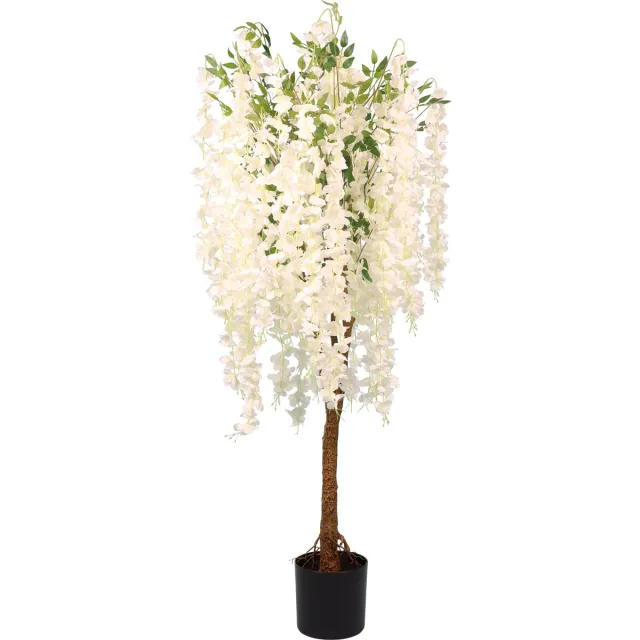 Kunstpalm Kunst Wisteria Bloemboom Deluxe | Wit – 150cm – Zijde Blauwe reken Kunstplant – Deluxe Kunstplant bloembol – Extra Vol – Hyperrealistisch