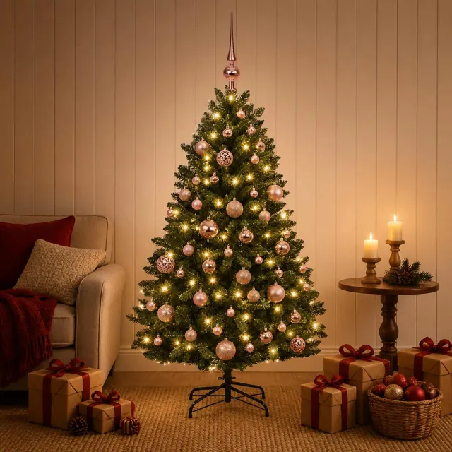 vidaXL Kunstkerstboom donkergroen met kerstballen 120 cm 150 LED's