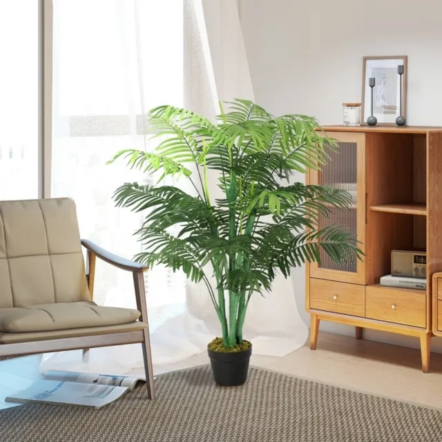 COVREO Kunstplant palm 125 cm - groen kunststof, in zwarte pot, 18 palmenwedels