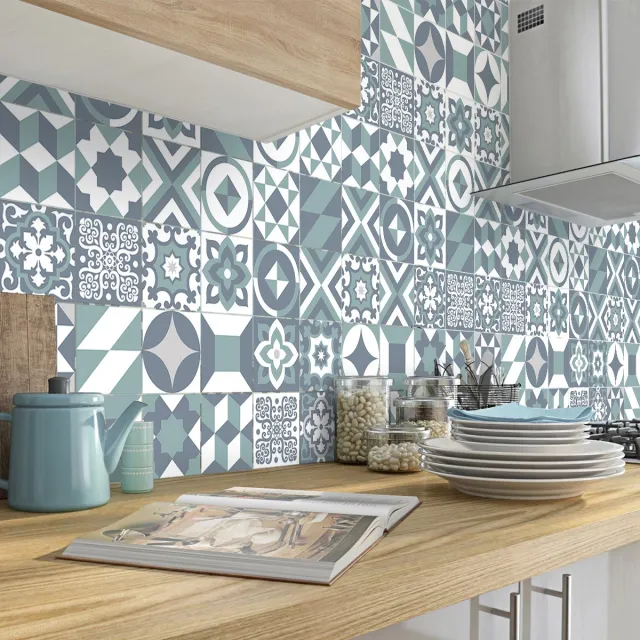 Ambiance Sticker Zelfklevende tegelmuurstickers voor keuken en badkamer - 60 cementtegelstickers, Azulejos Paoli-stijl - 60 stickers, 15x15 cm Multi color