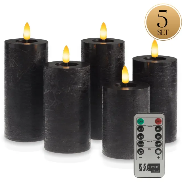 Meisterhome LED Kaarsen 5-delige Set Zwart – Vlamloos & Flikkerend Licht – Met Afstandsbediening & Timer – Batterijverlichting – Ø7 cm, Hoogte 10/12,5/15 cm – Rustiek Design – Warm Wit Licht