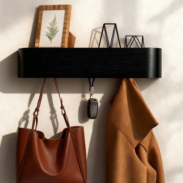Soontrans Houten Wandgemonteerde Kapstok met Moderne Kapstok met Verborgen Wandhaken, 50 x 10 x 7,5 cm Wandkapstok, Minimalistische Stijl Voor Slaapkamers, Woonkamers en Gangen (Zwart)
