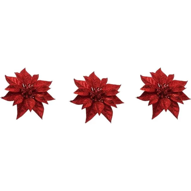 Cosy&Trendy Cosy & Trendy Kerstboomversiering - 3x - bloem - op clip - rood - kerstster - 18 cm - kerstversieringen