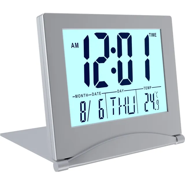 MMOBIEL Digitale Klok LCD Reiswekker Opvouwbaar met Achtergrondverlichting – Bureau Klok Wekker Digitaal met Temperatuur en Datum – Wekker Digitaal Klokje – Digitale Klok op Batterijen incl. – Zilver Zilver - Backlight