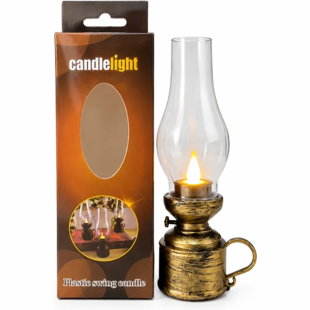 SWGOTA led kaarsen in retrostijl: decoratieve kaarslamp in petroleumlampstijl, antiekgoudkleurig, met transparante kap en doos