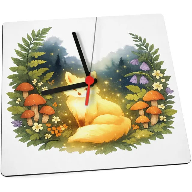 Mr Cadeautjes Klok 19 x 19 - design Een dromerig boslandschap met een lichtgevende vos tussen va | cadeau Wit
