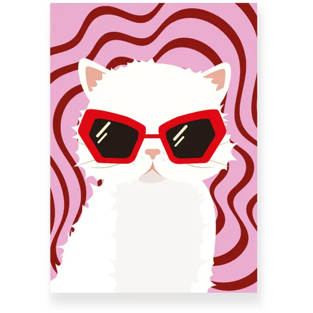 Yisual Poster 50x70 cm - Kat met zonnebril - Roze - Rood - Dopamine Decor - Dieren - Muurdecoratie - Wanddecoratie Wit