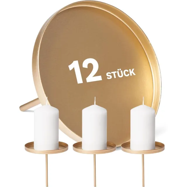 Novaliv 12x Kaarsenprikker Plat Goud 10cm Diameter I Kaarsenplaat met Spike Metaal I Advent Kaarsenhouder Kerstdecoratie Kaarsenspeld I Kaarsenplug voor Adventkrans
