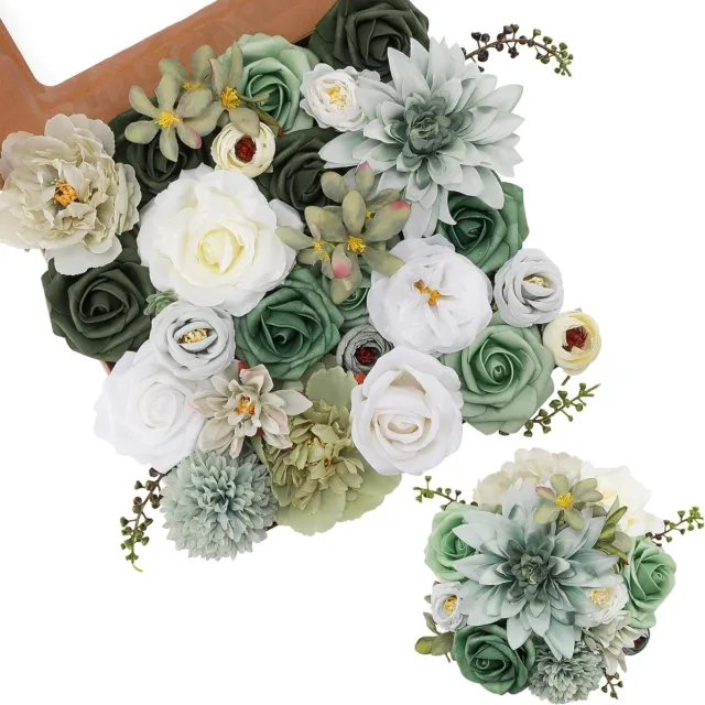 Famanu Groene kunstbloemen - combi - kunstrozen - kunstmatige dahlia - bloemen met stelen voor doe-het-zelf - bruiloft - bruidsboeket - feest - woondecoraties