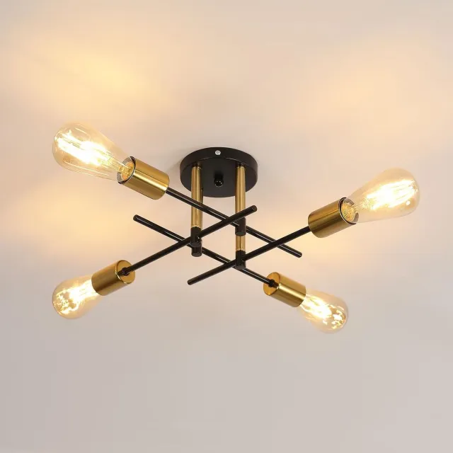 Riserva Plafondlamp Zwart Goud - 4-Lichts - E27 - Max. 60W per Lichtpunt - Industriële Vintage Plafondlamp
