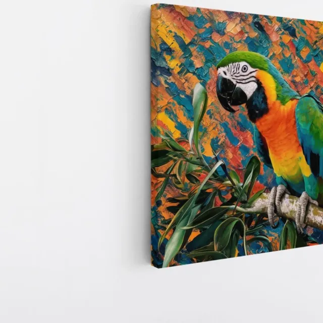 Saammp Canvas Schilderij - papegaai op tak - Dieren - Bloemen - 100x100 - Foto op canvas - Wanddecoratie - muurdecoratie Woonkamer - Slaapkamer decoratie - Canvas Print Multicolor