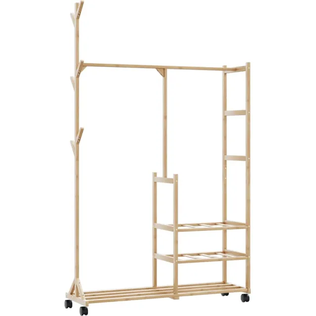 vidaXL Kledingrek - met - schappen - en - wielen - 100x38x175,5 - cm - bamboe Bruin