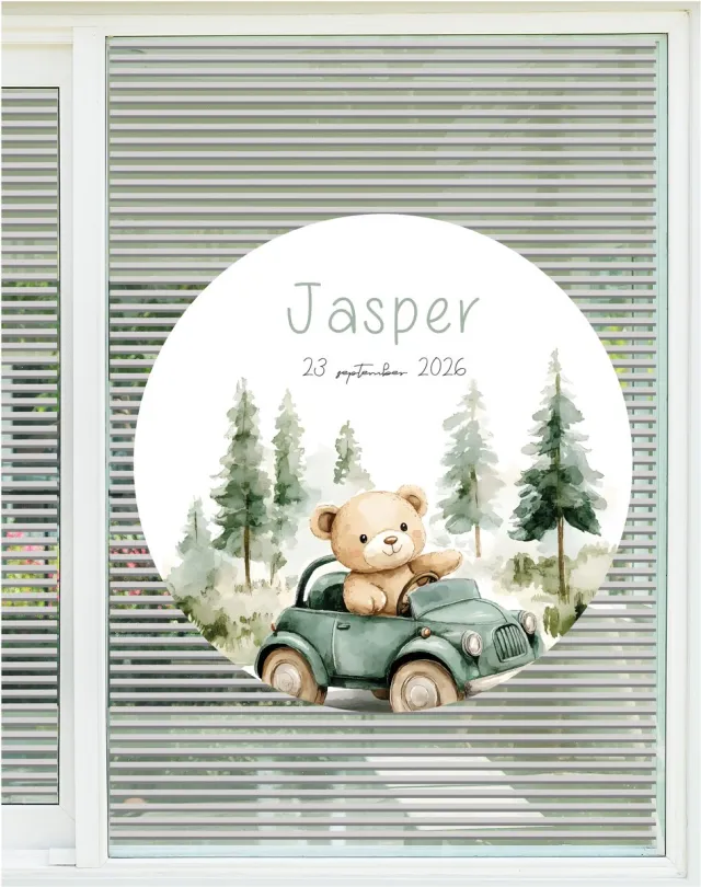 Studio Jitske raamsticker 80cm raambord geboortebord geboorte aankondiging boswachter beer in jeep watercolour divers