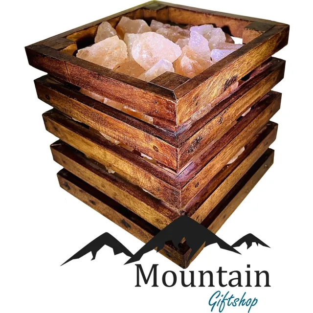 mountain-giftshop Himalaya Zoutsteen korf - Himalaya salt wood - Houten Korfje - Vierkant - Himalaya zoutlamp korf oranje