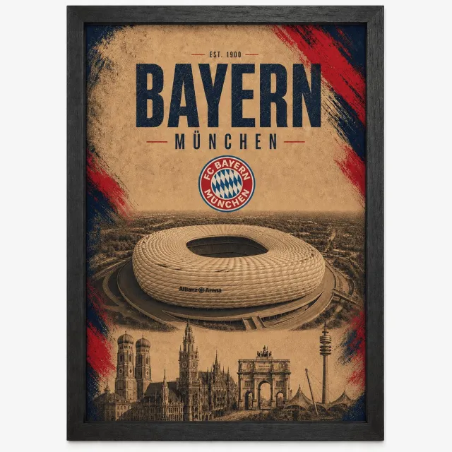 Joshimo Bayern München Poster | Allianz Arena & München skyline | Inclusief Zwarte A4 Lijst | Voetbalposter