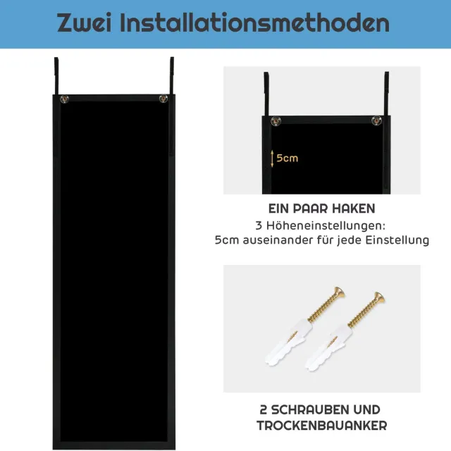 Costway Wandspiegel deurspiegel, hangspiegel, full-body spiegel met in hoogte verstelbare ophanghaken, spiegel voor slaapkamer, woonkamer en entree, 120 x 37 cm Zwart