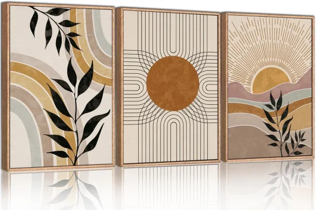 Unyqoos Set van drie boho canvasprints voor stijlvolle wanddecoratie in huis of kantoor beige