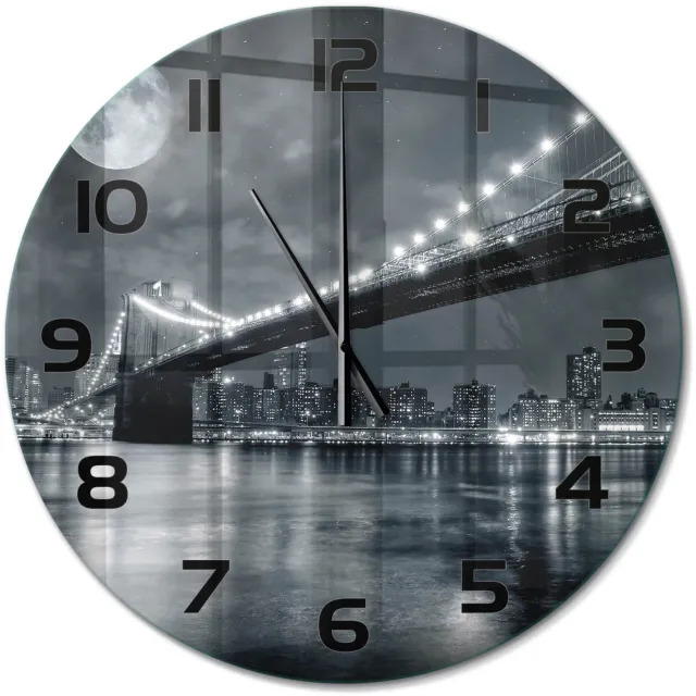TULUP Wandklok - Brooklynbrug Wandklok Glas Decoratie - fi60 cm - Zwart-wit Gekleurde Glazen Klok - Zwarte handen - Ronde Klok - Klok Glas Met Opdruk - Moderne Wandklok Glas
