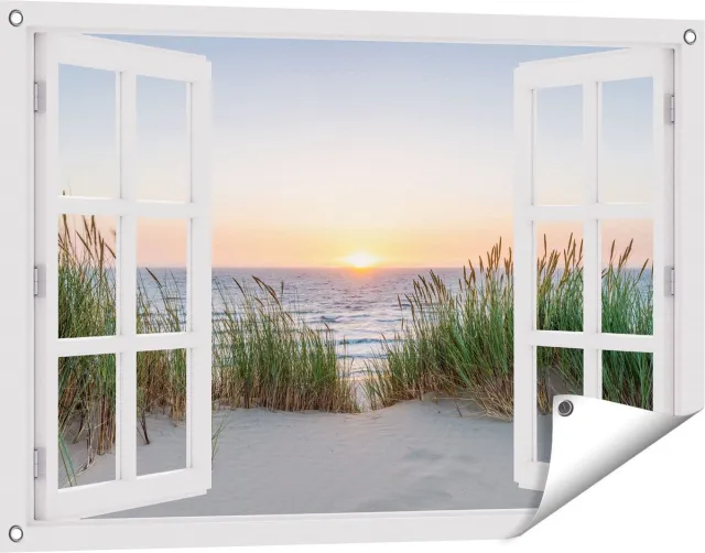Gards Tuinposter Doorkijk Zee vanuit Duinen met Zonsondergang - 90x60 cm - Tuindoek - Tuindecoratie - Wanddecoratie buiten - Tuinschilderij Wit