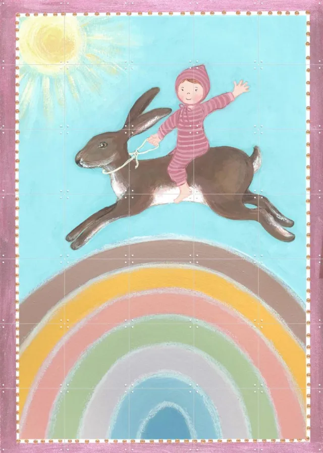 IXXI Haasje Over, Desirée van Hattem - 100 x 140 cm - Grote wanddecoratie en posters - Illustraties, Speels, Fantasierijk, Kleurrijk, Babykamer Roze / Blauw / Pastel kleuren