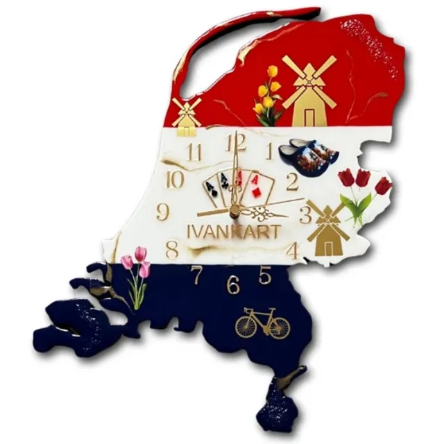 IVANKART Wandklok Nederland 40 x 60 cm - Kaart van Nederland - Epoxyhars - Stil Uurwerk - Handgemaakt - IVANKART Rood