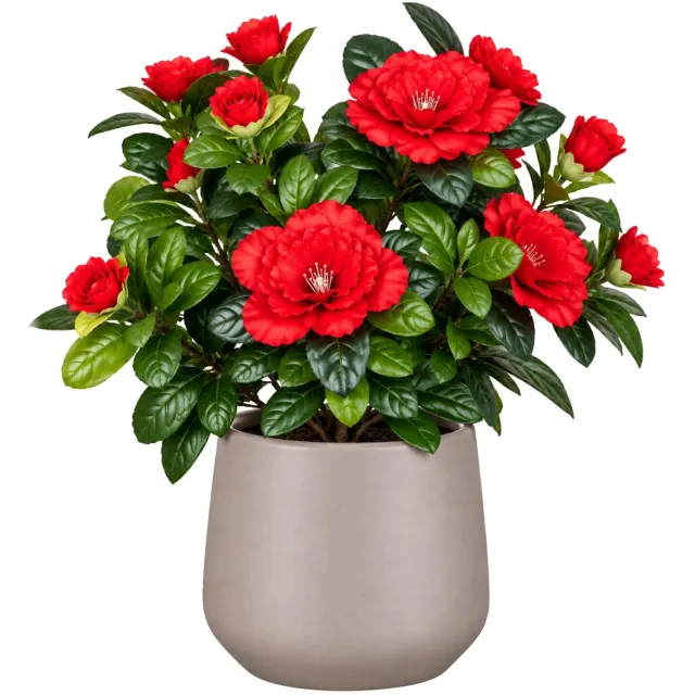 Mica Decorations Kunstplant - Azalea rood - H27 cm - in beige bloempot - keramiek - complete set van pot en plant - decoratie stuk