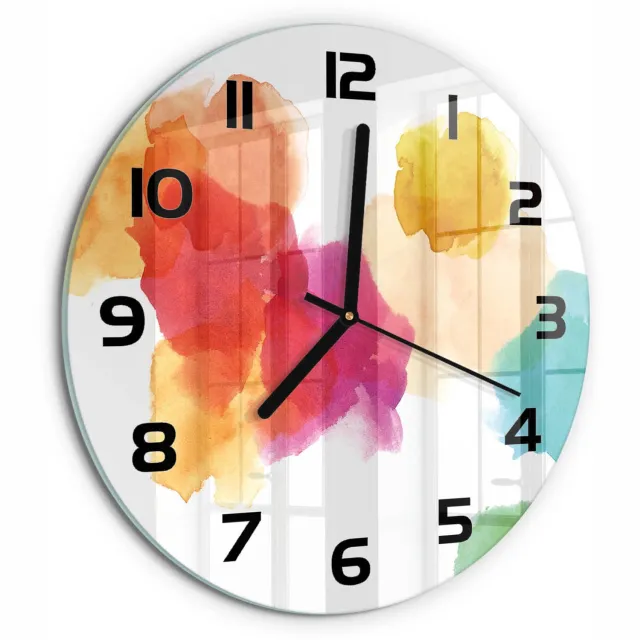 TULUP Wandklok - Kleurrijke vlekken Wandklok Glas Met Motief - fi30 cm - Veelkleurig Decoratieve Glazen Klok - Zwarte handen - Ronde Klok - Gekleurde Glazen Klok - Glazen Klok Met Print